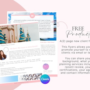 May include: A two-page pink flyer with text promoting a travel agency. The flyer includes a photo of a Disney castle, a headshot of the travel agent, and client testimonials. The flyer is designed to attract new clients.