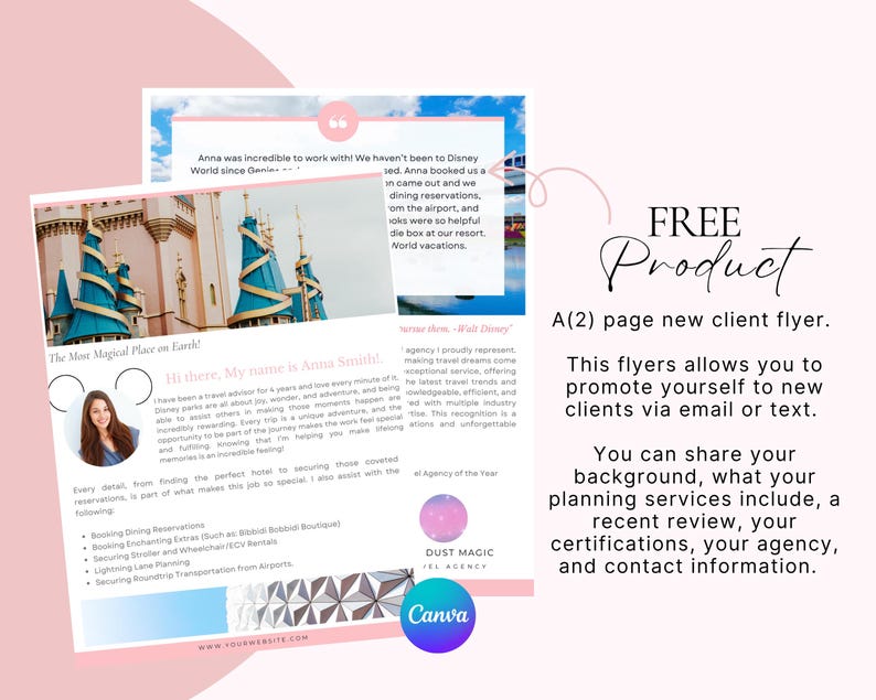 May include: A two-page pink flyer with text promoting a travel agency. The flyer includes a photo of a Disney castle, a headshot of the travel agent, and client testimonials. The flyer is designed to attract new clients.