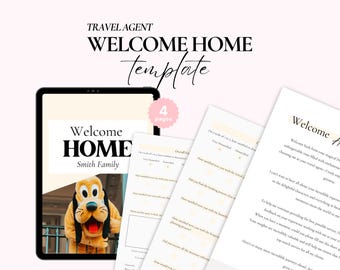 May include: A digital template for travel agents to use when welcoming clients home from a trip. The template features a cartoon dog, a welcome home message, and a four-page questionnaire.