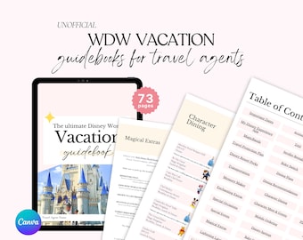 May include: A digital tablet displaying an unofficial WDW vacation guidebook cover with a castle image, alongside printed pages showing a table of contents and character dining information. A pink badge indicates 73 pages total.