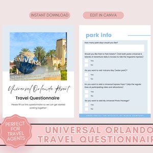Może przedstawiać: Niebiesko-biała kula Universal Studios z napisem "Universal". Ankieta podróżna dla Universal Orlando Resort z tekstem "Park Info" i pytaniami dotyczącymi dni w parku, biletów i dodatków. Na dole strony znajduje się tekst "Idealne dla agentów podróży".