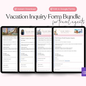 Puede incluir: Un paquete digital de formularios de solicitud de vacaciones para agentes de viajes, que se muestra en cuatro tabletas. Los formularios incluyen secciones para Universal Studios Orlando, Disney Cruise Line, Disneyland y Walt Disney World. El texto incluye "Descarga instantánea" y "Editar en Google Forms".