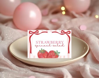 Tarjeta de buffet de fresas, tarjetas de comida de cumpleaños de fresas, tarjeta de carpa de comida de cumpleaños, tarjeta de comida de cumpleaños, tarjeta de buffet editable e imprimible