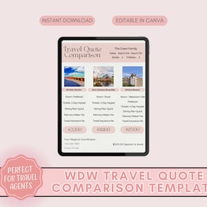 May include: A digital template for comparing travel quotes for Walt Disney World vacations. The template includes a table with three columns, each representing a different resort: All Star Movies, Port Orleans Riverside, and Riviera Resort. Each column lists the room type, ticket type, dining plan, memory maker, travel insurance, and price. The template also includes a section for the customer's name, dates of travel, and contact information. The template is designed to be used in Canva.