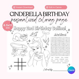 Prinzessin Birthday Malvorlage: Bearbeitbare Aschenputtel-Partyaktivität (Digitaler Download)