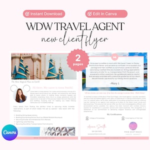 Pode incluir: Um folheto rosa e branco com uma foto do Castelo da Cinderela no Walt Disney World. O folheto anuncia um agente de viagens especializado em férias da Disney. O texto do folheto diz "WDW Travel Agent new client flyer" e "The Most Magical Place on Earth".