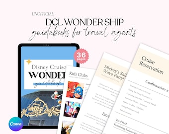 Guía de cruceros DCL Wonder para agentes de viajes, guía para agentes de viajes DCL, guía de cruceros para agentes de viajes, plantilla editable de Canva