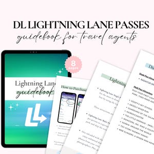 May include: A guidebook for travel agents on how to purchase Lightning Lane passes at Disney California Adventure Park. The guidebook cover features a green and blue gradient background with the text "Lightning Lane guidebook" and a stylized "L" arrow.