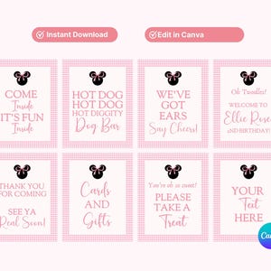 Pode incluir: Um conjunto de oito sinais rosa e brancos imprimíveis com um design de laço de desenho animado. Os sinais incluem frases como "Come Inside", "Hot Dog" e "Cards and Gifts". Os sinais são projetados para uma festa ou evento.