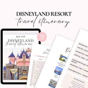 May include: A digital planner for a Disneyland Resort trip. The cover features a pink and blue castle with a blue flag. The planner includes a 12-page itinerary with a schedule, transportation details, and reminders.