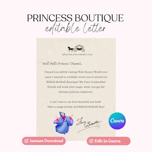Bibbidi Bobbibi Boutique, Carta de la princesa, Carta de la hada madrina, Carta de Cenicienta, Invitación de cambio de imagen de princesa, Carta de WDW