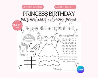 Lámina para colorear de cumpleaños de princesa: Actividad editable para fiestas (Descarga digital)
