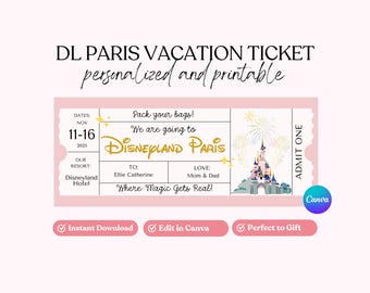 DL Paris Vacation Ticket, Vacation Ticket, Editable Ticket, Editable and Printable Vacation Ticket, Printable Ticket, Golden Ticket