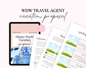 May include: A digital tablet displays a Disney World vacation proposal, with the text "Disney World Vacation proposal" and "7 pages." Additional pages show resort details and package information. The proposal is for the Smith Family.