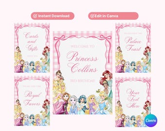 Princess Birthday Signs, Princess Party Signs, Princess Printable, Editable and Printable Sign