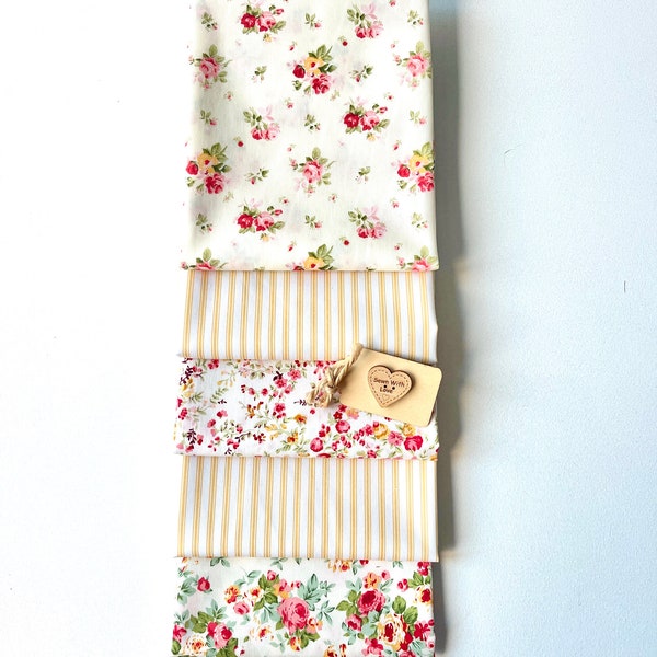 100% Cotton Poplin Fabric Fat Quarter Bundle Rose & Hubble Floral Flowers Ditsy Yellow Ticking Stripe