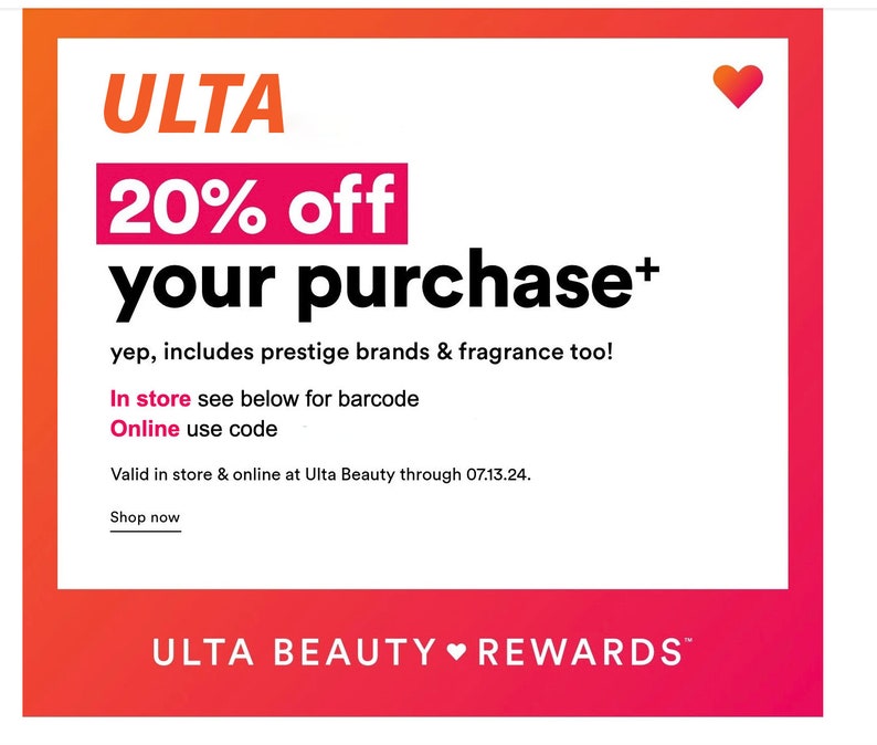 Ulta Coupon 20 off Code, Discount, Saving Printable / Instant Delivery