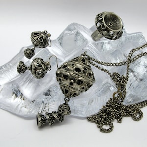 Tapani Vanhatalo Pewter Jewelry Set Pendant Ring Earrings Finland Modernist Scandinavian Nordic Design 1970s