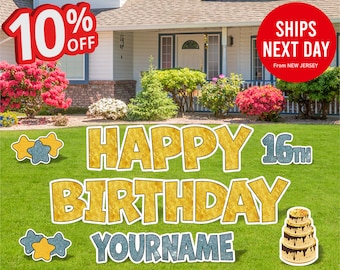 GOLD Happy Birthday Yard Sign, HBD Lawn Signs, Outdoor Lawn Decorations, Ornaments, Custom Name & Age 13 Inch,18 Inch.