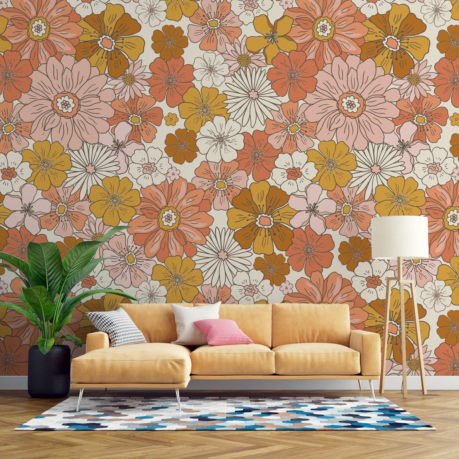 Custom Size Peel and Stick Retro Flowers Wallpaper Self - Etsy