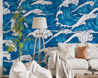 Hand Painted Ocean Wave Pattern Wallpaper, Self Adhesive or Pasted, Temporary and Removable - Peel and Stick Wallpaper, Custom Size