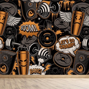 Graffiti Style Fitness Theme with Barbells, Dumbbells Wallpaper, Self Adhesive or Pasted, Temporary and Removable Mural