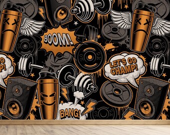 Graffiti Style Fitness Theme with Barbells, Dumbbells Wallpaper, Self Adhesive or Pasted, Temporary and Removable Mural