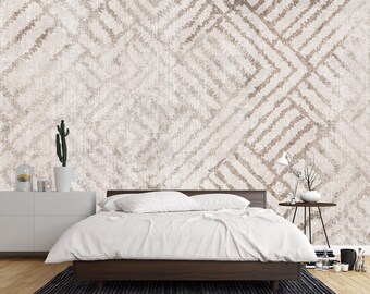 Boho Geometric Wall Mural, Neutral Textured Pattern Wallpaper, Contemporary Accent Wall for Bedroom, Living Room, or Office Interior Design