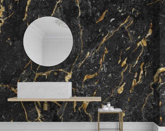 Black and Gold Glossy Marble Wallpaper, Peel and Stick Wallpaper, Wall Mural, Wallpaper Mural, Dark Wallpaper, Textured Wallpaper