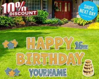 GLITTER Happy Birthday Yard Sign, HBD Lawn Signs, Outdoor Lawn Decorations, Ornaments, Custom Name & Age 13 Inch,18 Inch.