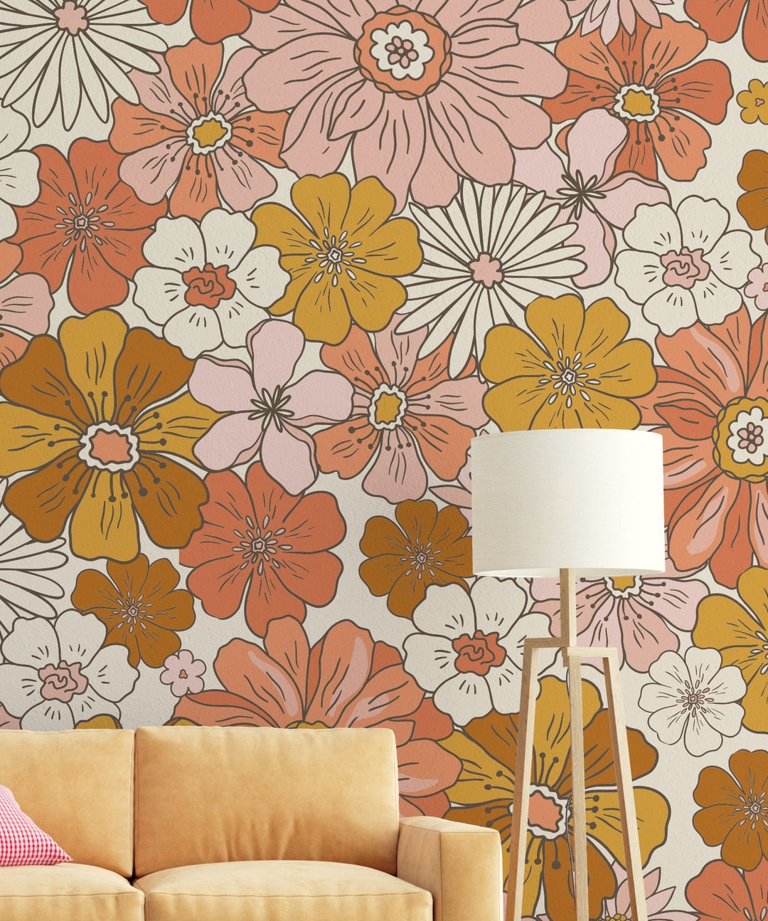 Custom Size Peel and Stick Retro Flowers Wallpaper, Self Adhesive or ...