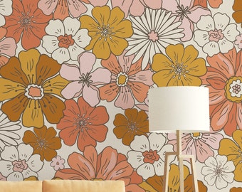 Custom Size Peel and Stick Retro Flowers Wallpaper, Self Adhesive or Pasted, Temporary and Removable Mural, Bohemian Floral Wallpaper