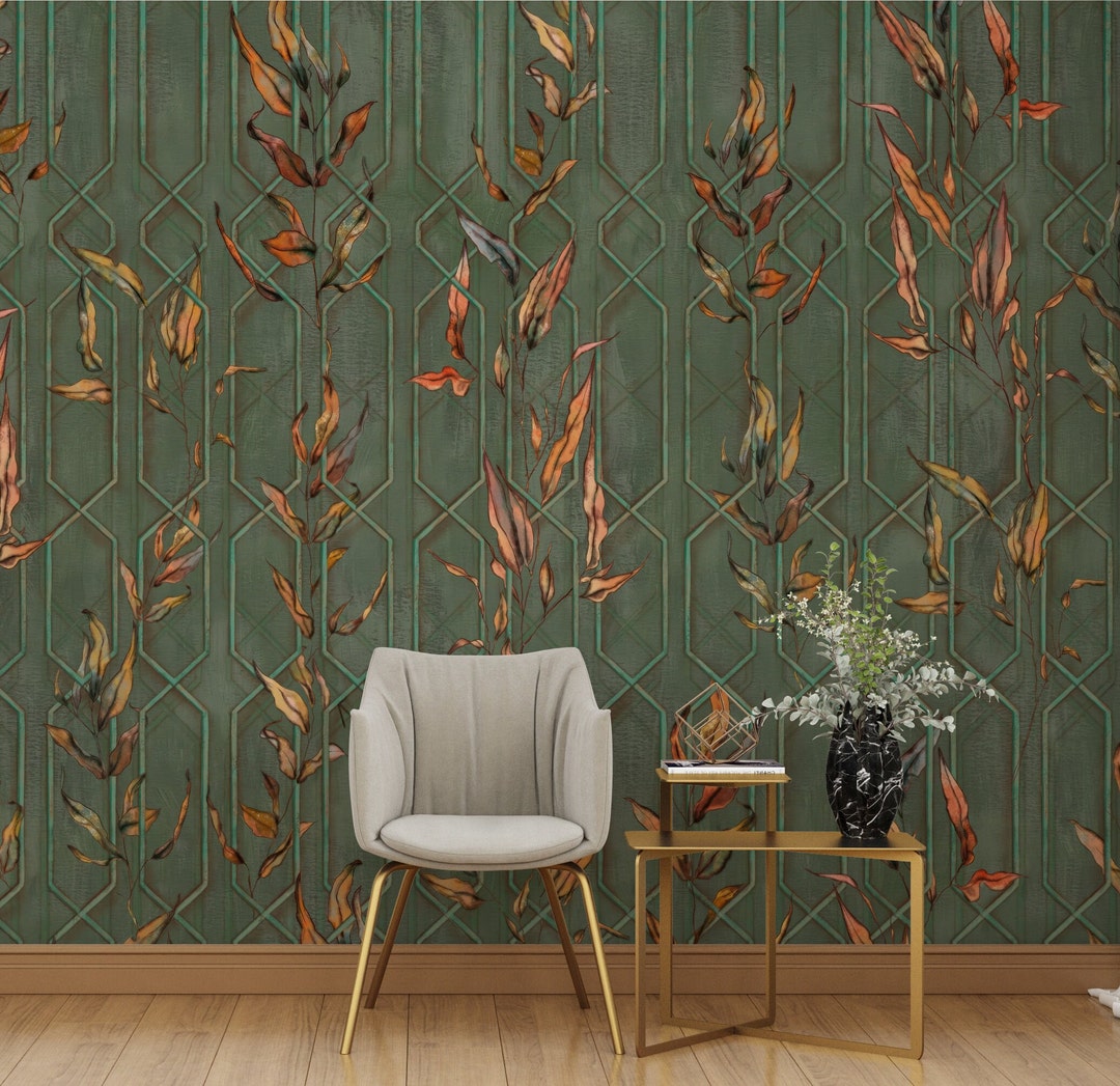 Peel and Stick Textured Wall Mural With Green and Gold Leaves ...