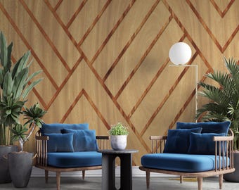 Contemporary Wood Grain Wall Mural, Geometric Wood Pattern with Lines, Custom Wood Wall Covering for Living Room or Office Wall Decor