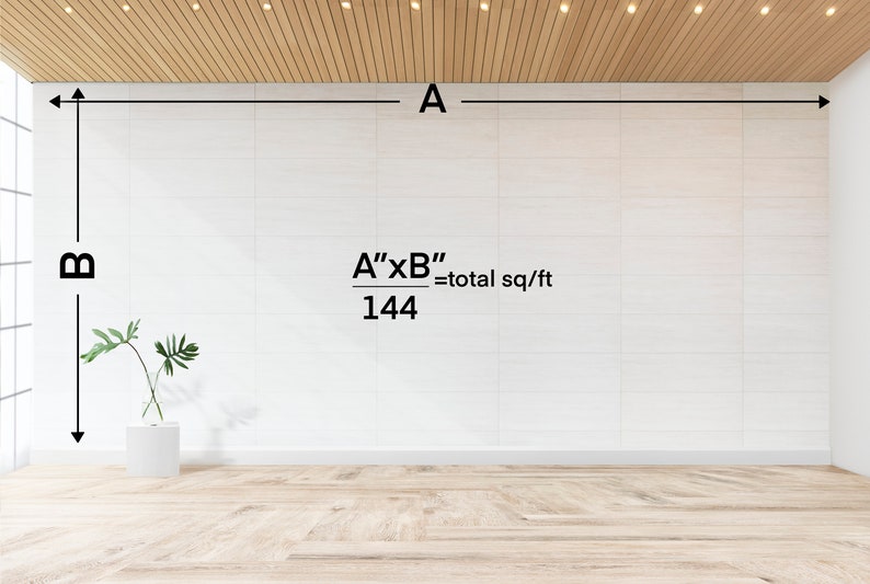 May include: A white tiled wall with a formula for calculating square footage written on it. The formula is "A" x "B" / 144 = total sq/ft. The wall is labeled with the letters "A" and "B" to represent the length and width.