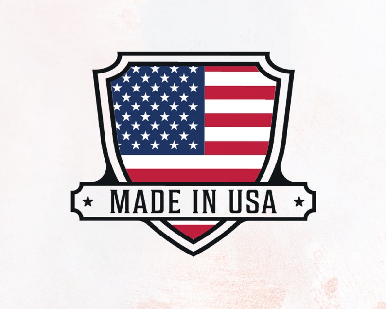 May include: A black and white shield-shaped logo with a red, white, and blue American flag inside. The text "MADE IN USA" is written in black on a white banner below the shield.