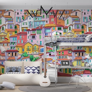 Custom Size Peel and Stick Colorful City Wallpaper, Self Adhesive or Pasted, Temporary and Removable Mural, City Wall Mural