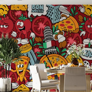 Custom Size Retro Pizza and Tomato Wallpaper, Peel and Stick Restaurant Wall Mural, Self Adhesive or Pasted Wallpaper, Removable Mural