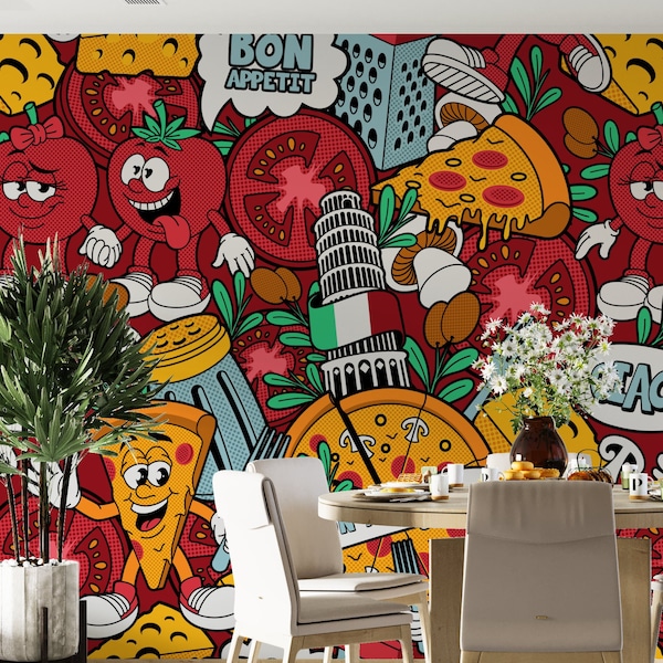 Custom Size Retro Pizza and Tomato Wallpaper, Peel and Stick Restaurant Wall Mural, Self Adhesive or Pasted Wallpaper, Removable Mural