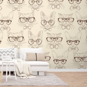 Vintage Cat Pattern Wallpaper, Peel and Stick Cat Wall Mural, Self Adhesive or Pasted Wallpaper, Removable Custom Size Mural