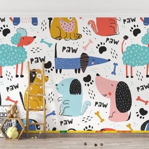 Custom Size Colorful Cute Dogs Nursery Boy and Girl Room Wallpaper, Peel and Stick Children's Room Wall Mural, Self Adhesive or Pasted