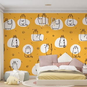 Custom Size Peel and Stick Cat Wallpaper on Orange Background, Removable and Temporary Nursery Girl and Boy Mural, Self Adhesive or Pasted,