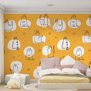 Custom Size Peel and Stick Cat Wallpaper on Orange Background, Removable and Temporary Nursery Girl and Boy Mural, Self Adhesive or Pasted,