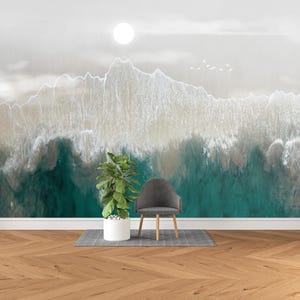 Relaxing Ocean Wall Mural, Aerial Beach Waves with Sea Foam, Coastal Aesthetic Wallpaper, Modern Nautical Wall Art for Home and Office