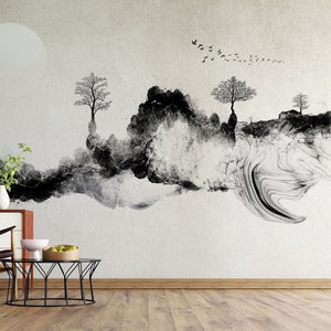 Textured Abstract Forest and Moon Wallpaper, Peel and Stick Wallpaper, Self Adhesive or Pasted, Removable Forest Wall Mural