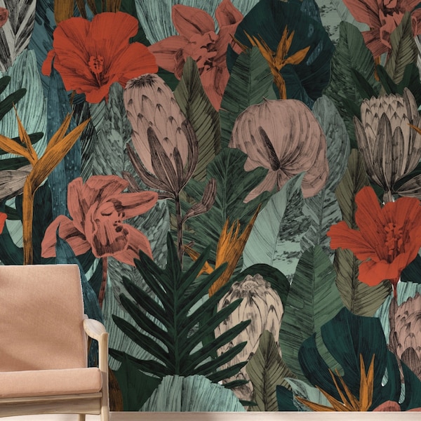 Tropical Leaves and Flowers Wallpaper, Removable Wallpaper, Peel and Stick Wallpaper, Wall Mural, Tropical Wallpaper, Flower Wallpaper