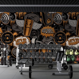 Graffiti Style Fitness Theme with Barbells, Dumbbells Wallpaper, Self Adhesive or Pasted, Temporary and Removable Mural