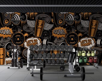 Graffiti Style Fitness Theme with Barbells, Dumbbells Wallpaper, Self Adhesive or Pasted, Temporary and Removable Mural
