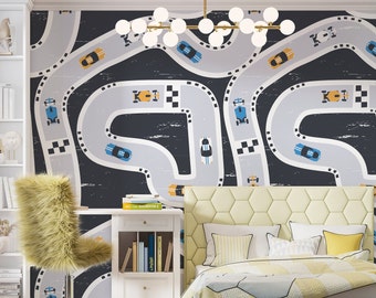Custom Size Cartoon Cars Racing Pattern for Boy Room Wallpaper, Peel and Stick Nursery Mural, Self Adhvesive or Pasted, Kids Room Mural