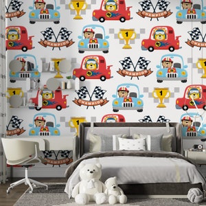 Custom Size Cute Racing Cars and Racer Animals Wallpaper, Peel and Stick Nursery Mural, Self Adhvesive or Pasted, Kids Room Mural